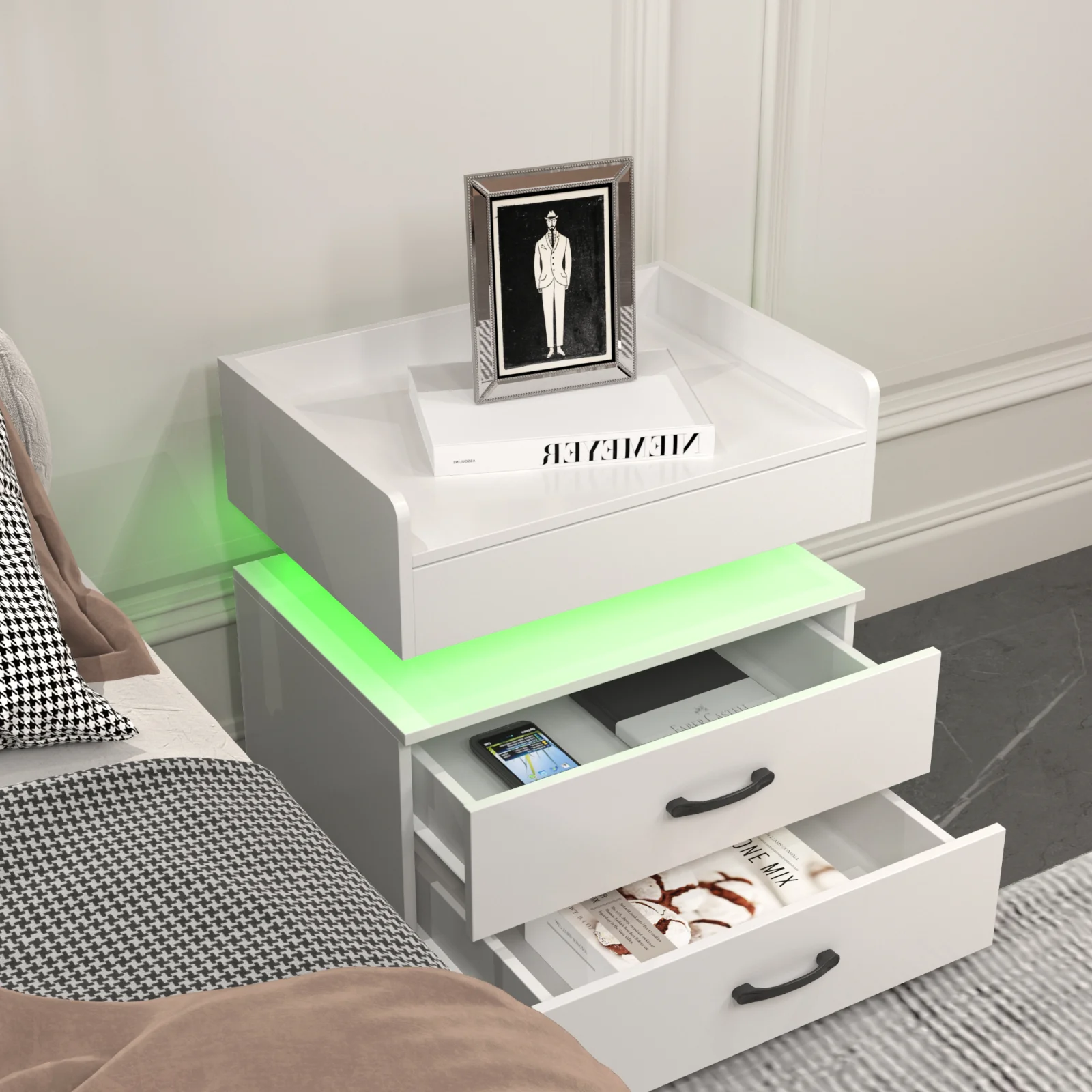 1 Set Nightstand with Adjustable Led Strip Light, 2-drawers, Large Storage Space, Suitable for Bedside Table, Coffee Table, Sofa Side Table or End Table for Study Desk