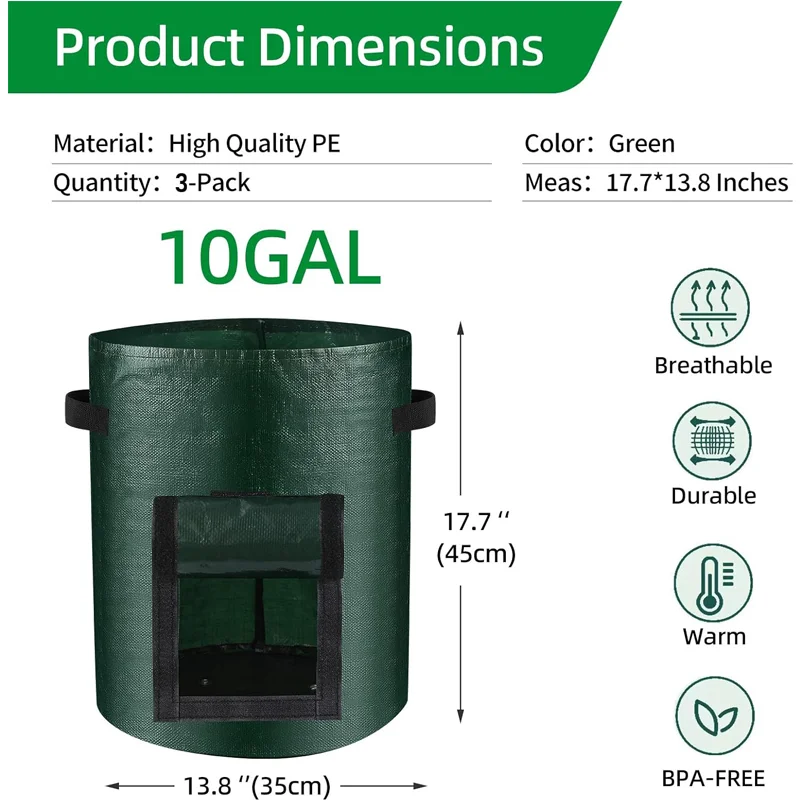 6 Pack 10‑Gallon Green Potato Grow Bags with Flap and Handles – Heavy‑Duty PE Fabric Planters
