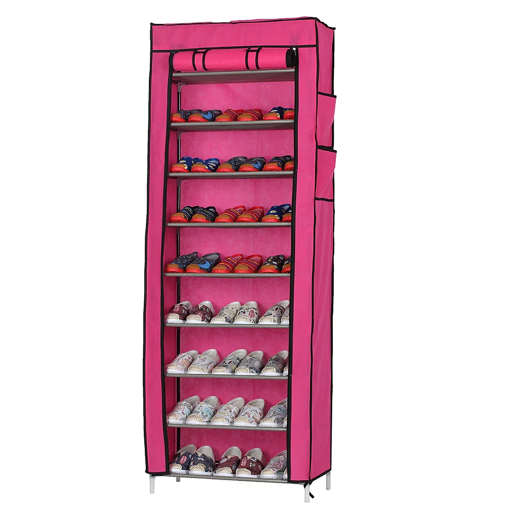 10 Layer 9-grid Non-woven Fabric Shoe Cabinet in Rose Red