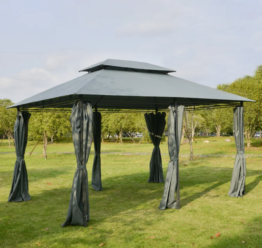 10' X 13' Outdoor Soft Top Gazebo Pergola with Curtains, 2-tier Steel Frame Gazebo for Patio