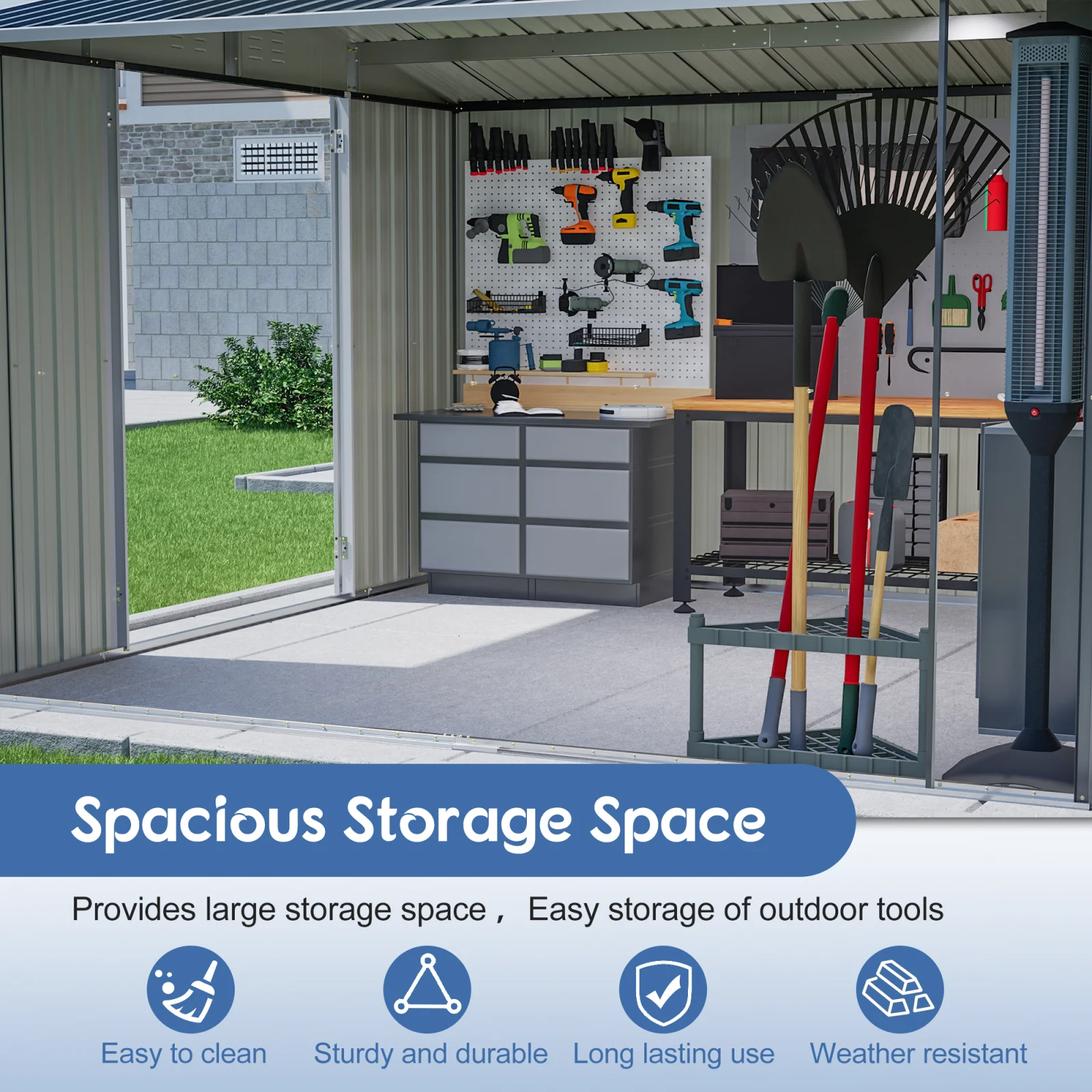 10x10 Ft Large Outdoor Metal Storage Shed - Updated Heavy-duty Frame & Lockable Double Doors, All-weather Utility Garden Shed for Backyard, Lawn, Patio Tools & Equipment, Black