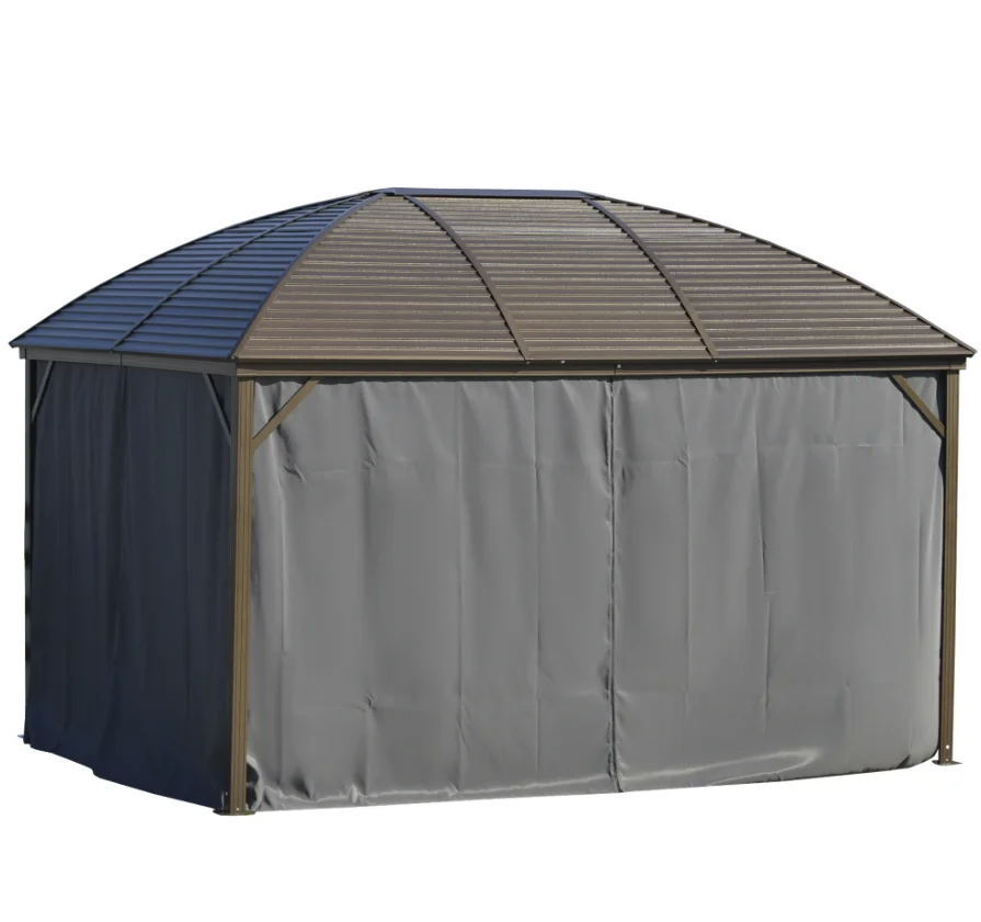 10x13 Gray Hardtop Gazebo with Steel Roof Curtains Netting Pavilion Ceiling Hook for Patio Garden