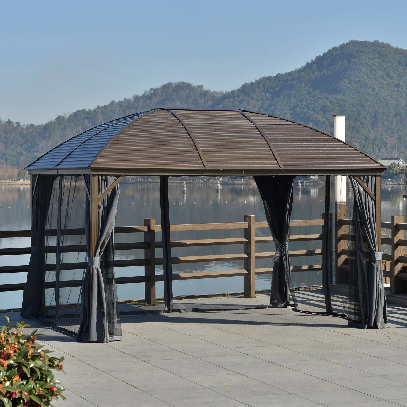 10x13 Gray Hardtop Gazebo with Steel Roof Curtains Netting Pavilion Ceiling Hook for Patio Garden