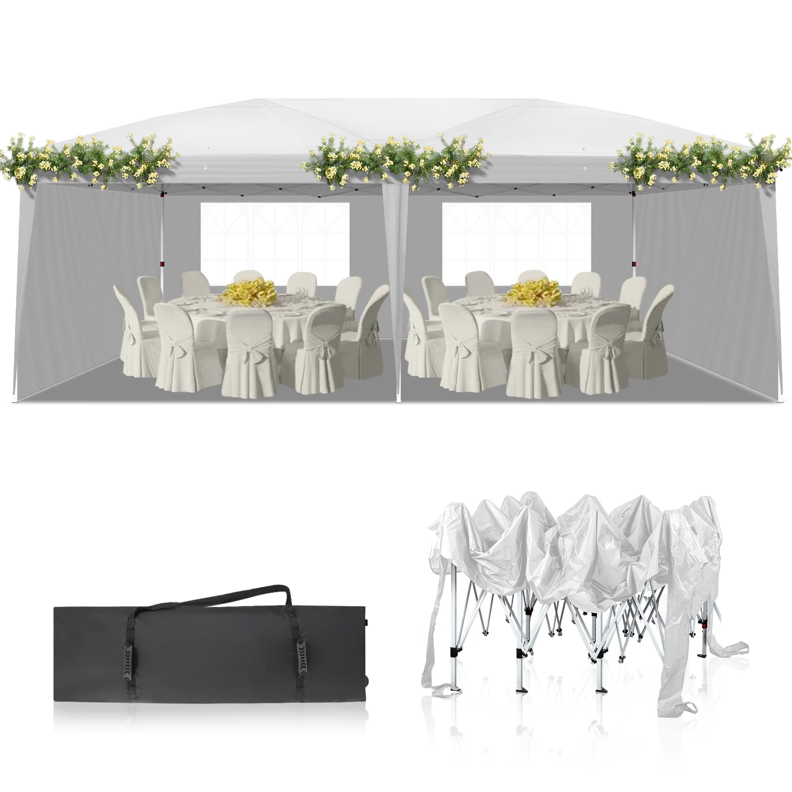 10x20ft White 4 Sides -2 Windows Folding Shed Oxford Cloth Spray Painted Iron Pipe Portable