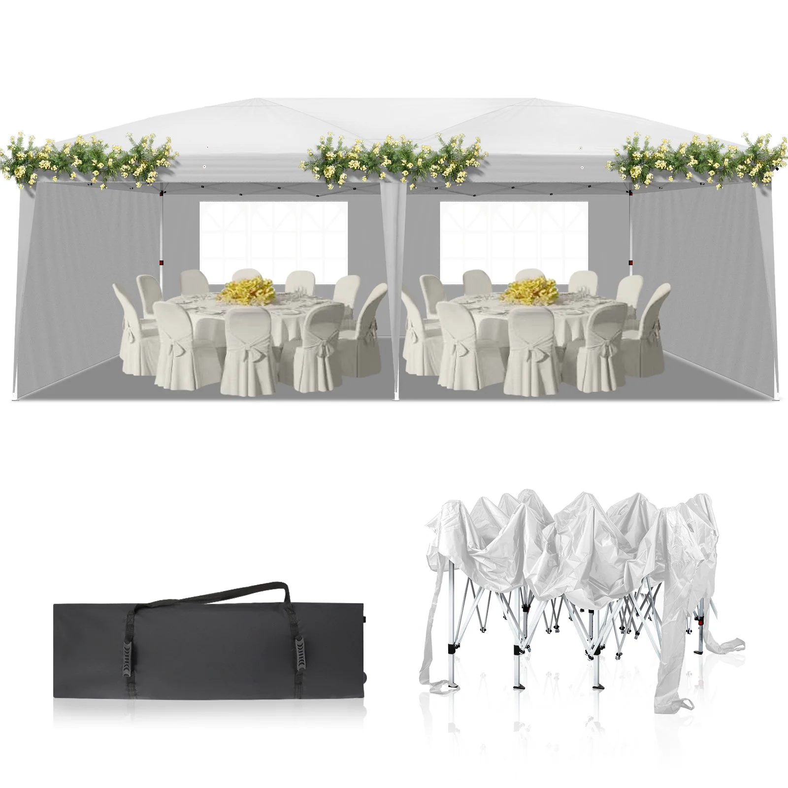 10x20ft White 4 Sides -2 Windows Folding Shed Oxford Cloth Spray Painted Iron Pipe Portable