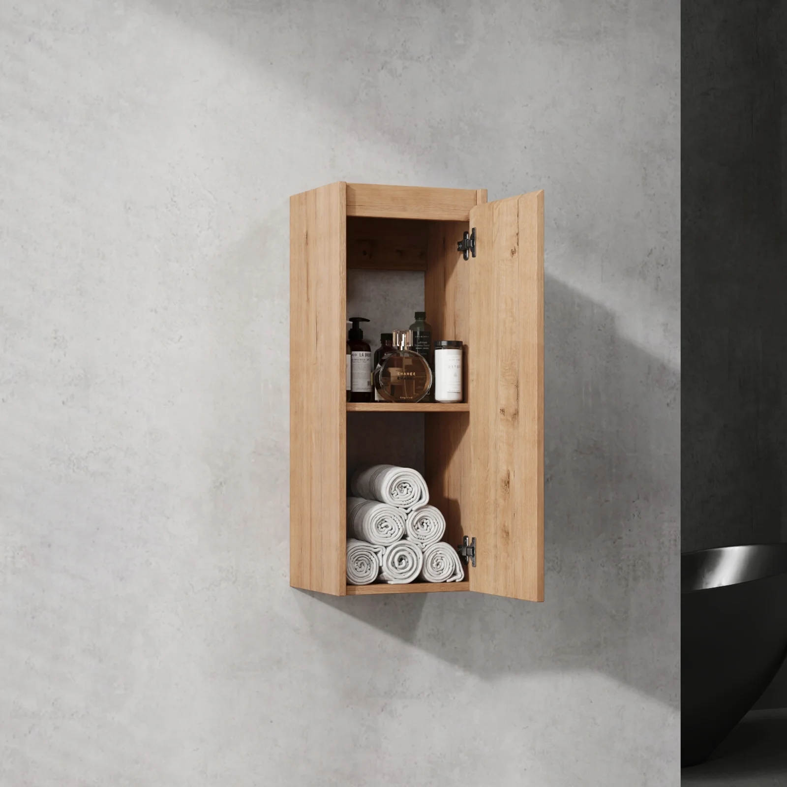 12" bathroom side cabinet with soft‑close door, float‑mounted, imitative oak finish