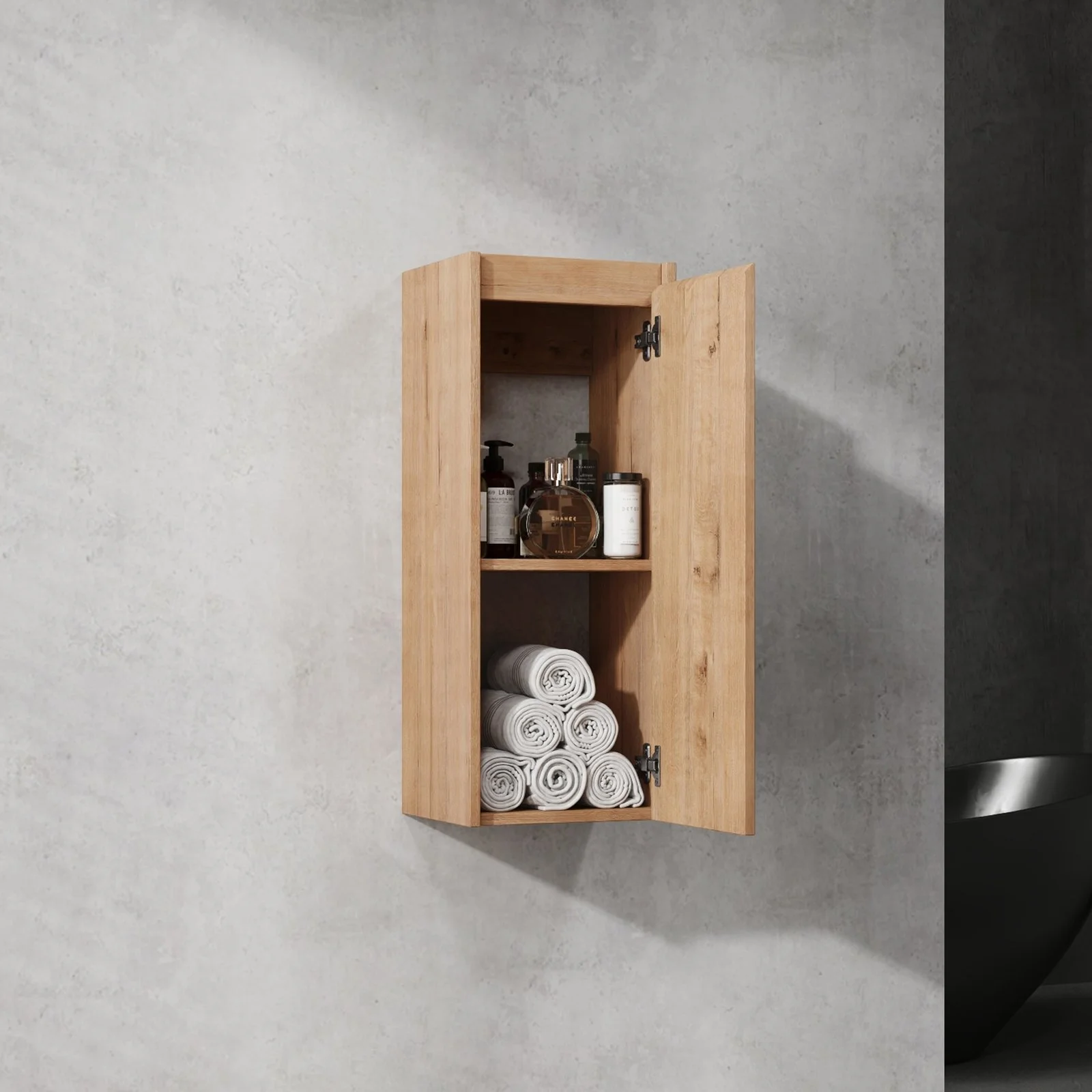 12" bathroom side cabinet with soft‑close door, float‑mounted, imitative oak finish