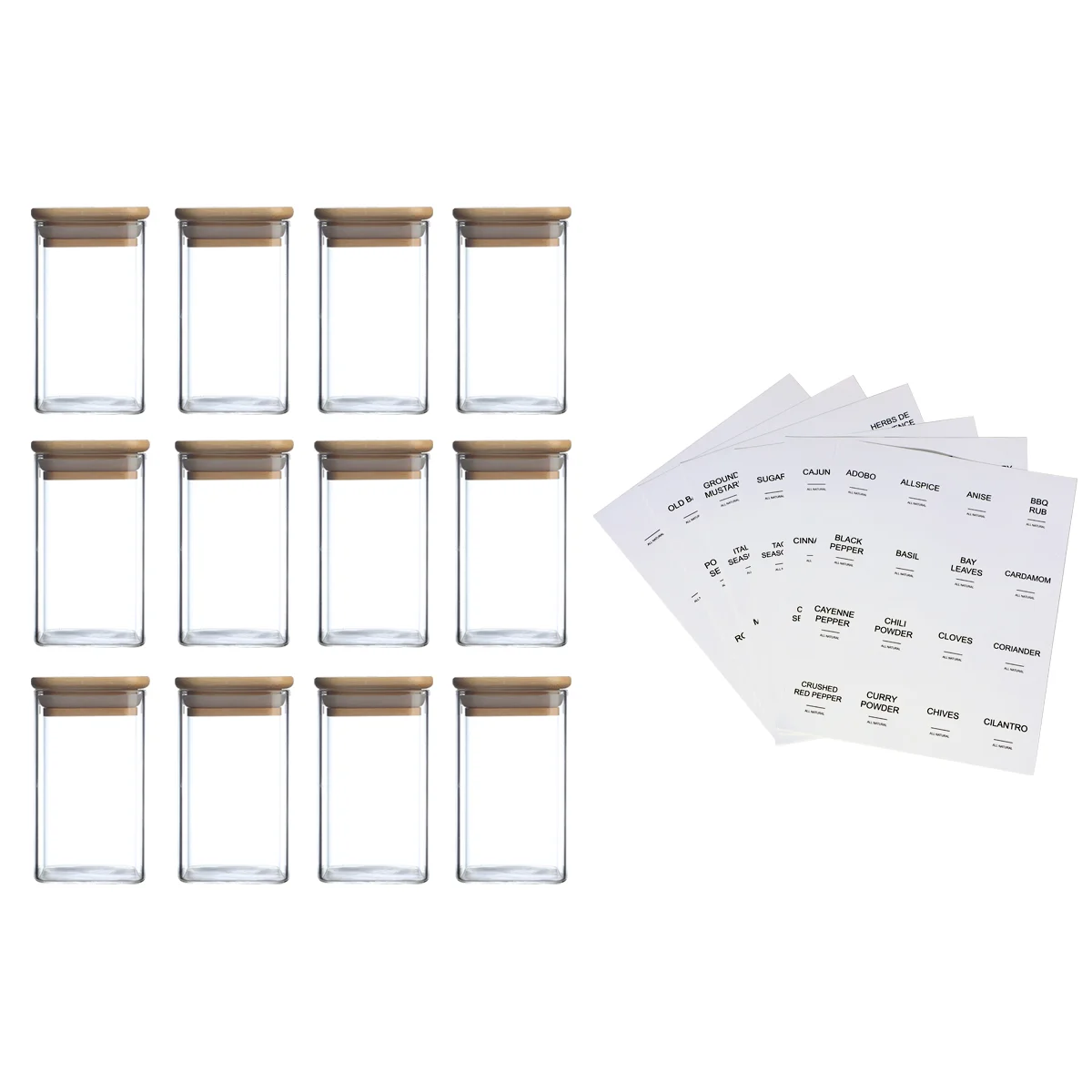 12 Pcs Square Spice Jars with 72 Stickers, Kitchen Pepper Jars for Salt Seasoning, Snacks, Tea, Coffee