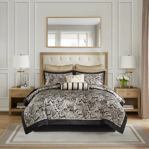 12 Piece Comforter Set with Cotton Bed Sheets Black Full