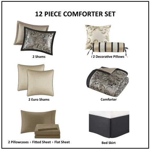 12 Piece Comforter Set with Cotton Bed Sheets Black King