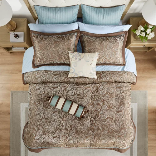 12 Piece Comforter Set with Cotton Bed Sheets Blue Brown Full