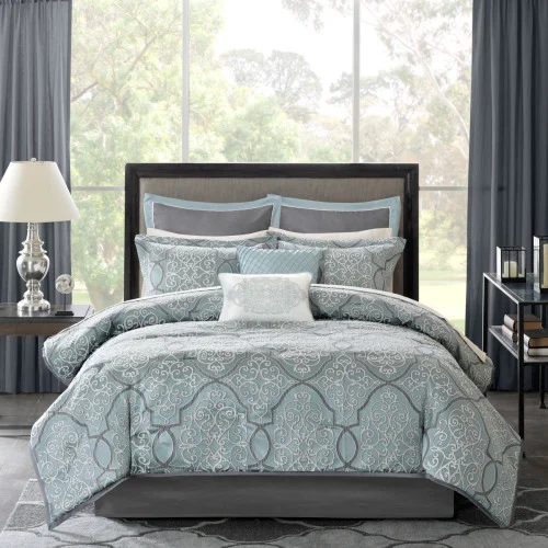 12 Piece Comforter Set with Cotton Bed Sheets Blue Cal King
