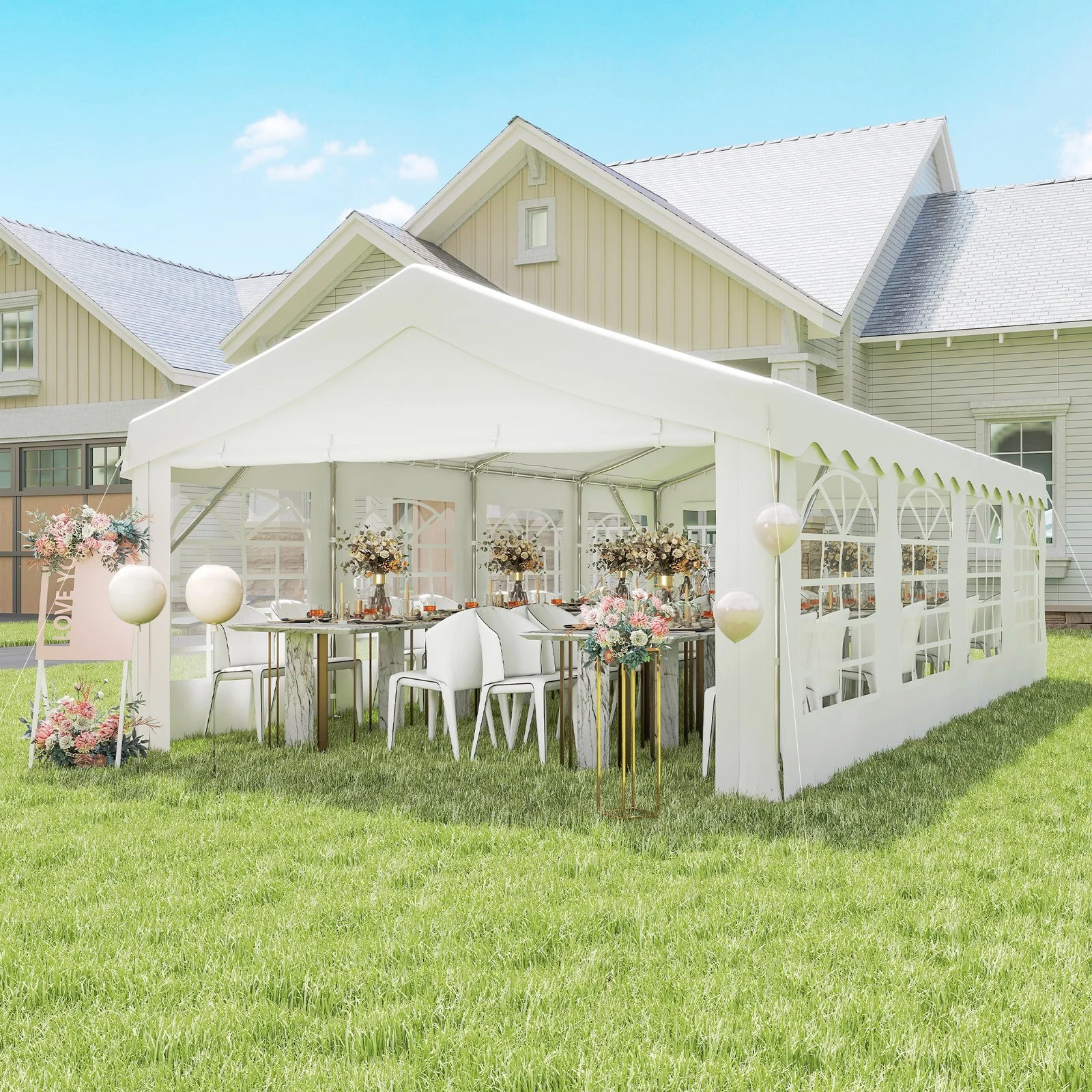 13' X 26' Heavy-duty Outdoor Carport Party Event Tent, Patio Gazebo Canopy Pavilion with 4 Sidewalls & 8 Windows, White