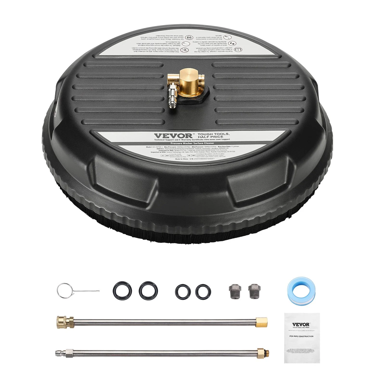 15‑inch pressure washer surface cleaner with 3000 psi max, plastic housing, 2 extended wands