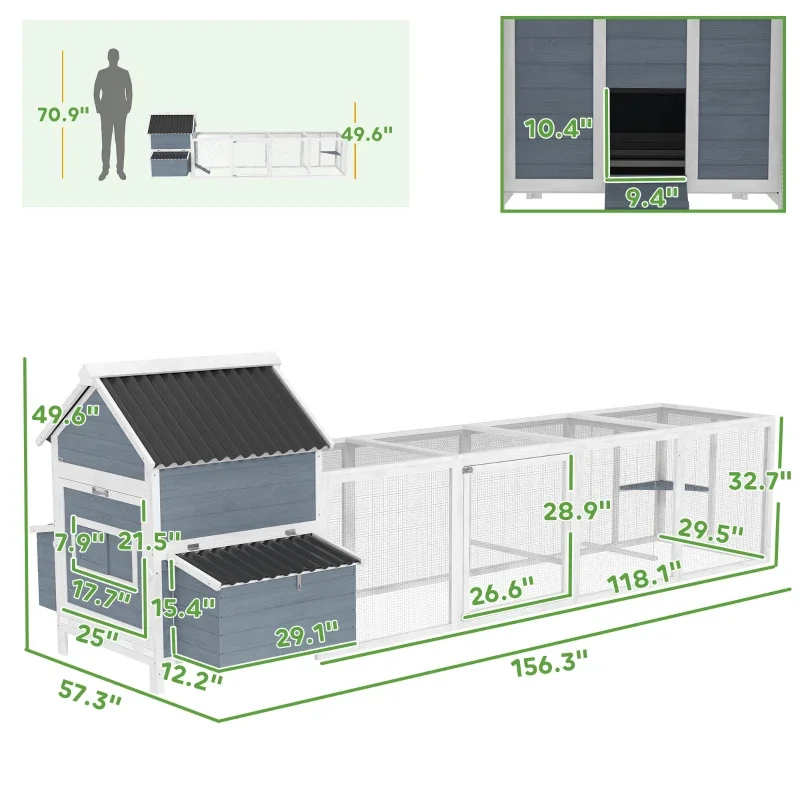 156extra Large Wooden Chicken Coop with 2 Nesting Box, Run Cage, Waterproof Wave Roof, for 10-15 Chickens, Light Graymultiple Packages