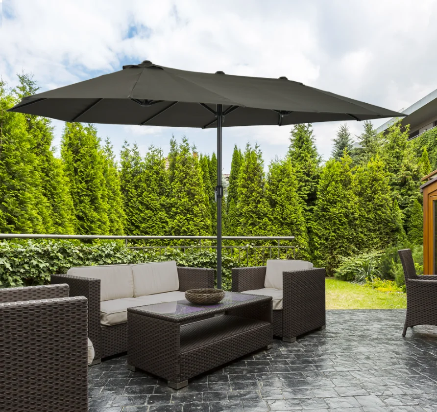 15ft Double-sided Patio Umbrella Outdoor Market Extra Large Gray with Crank for Deck Lawn Pool
