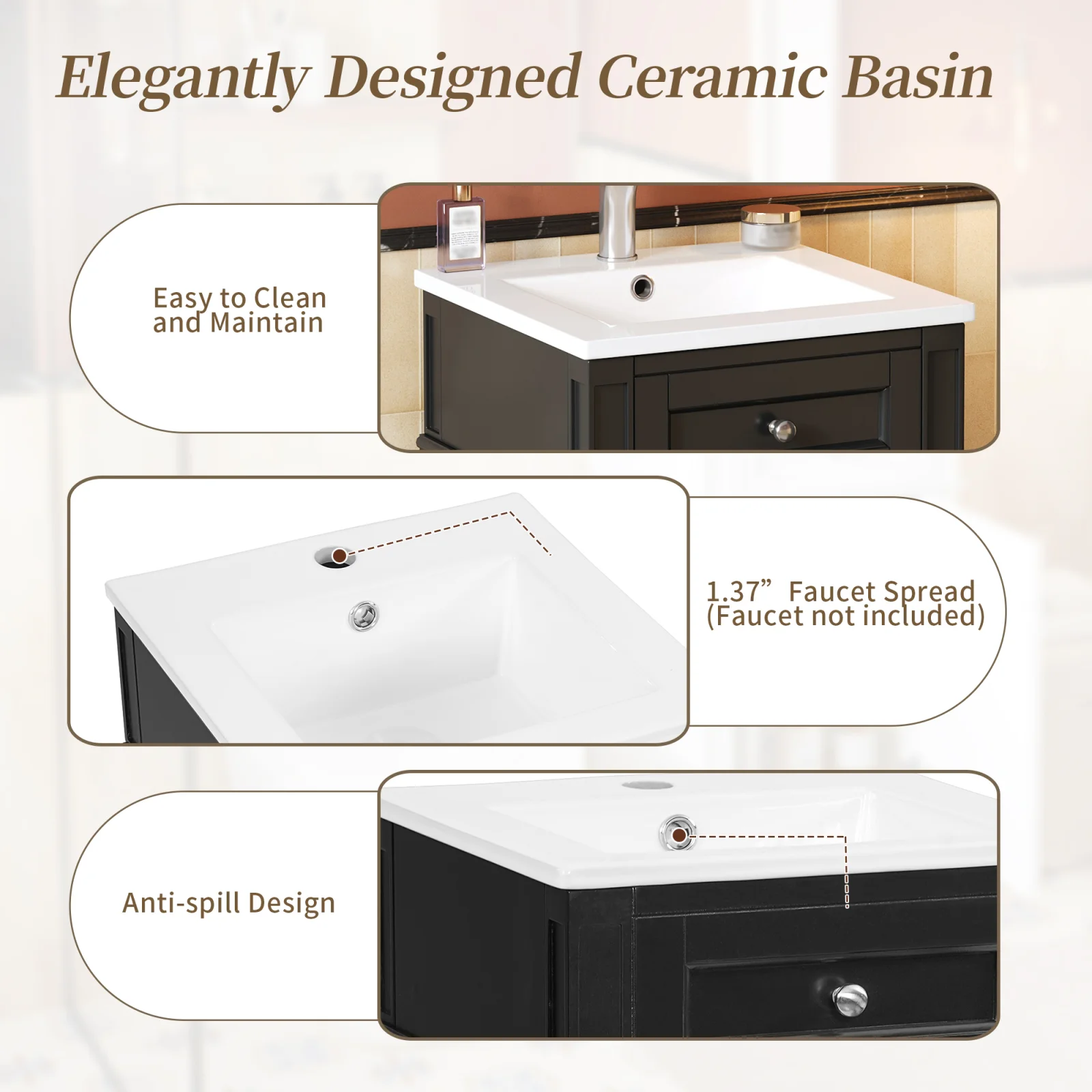 16-inch Bathroom Vanity with Ceramic Sink, Freestanding Single Vanity Set with Soft Closing Door, Adjustable Shelf, French Style, Solid Feet, Black