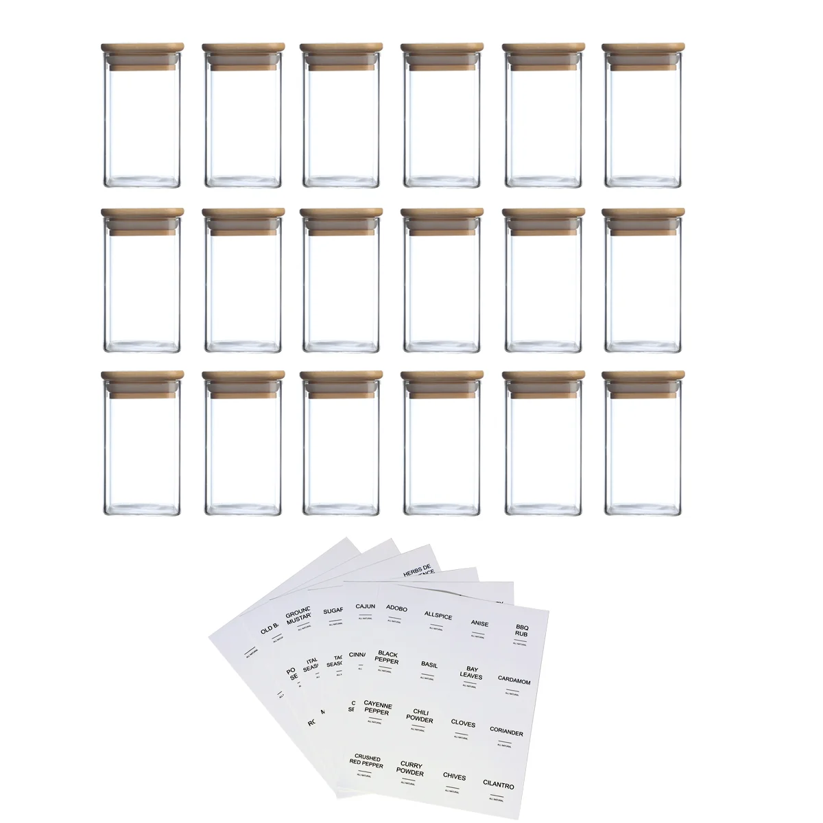 18 Pcs Square Spice Jars with 72 Stickers, Kitchen Pepper Jars for Salt Seasoning, Snacks, Tea, Coffee