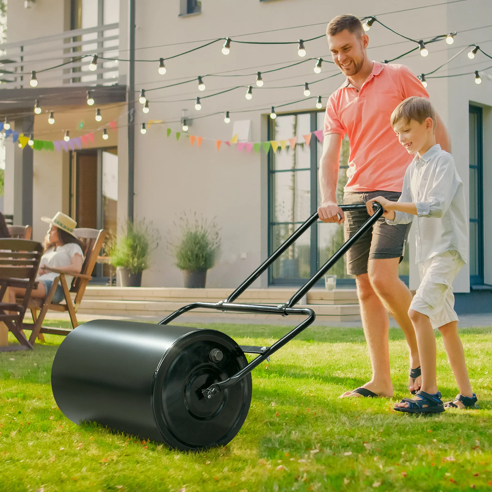 19‑inch Black Iron Lawn Roller – Cylindrical, 10‑gal Water Capacity, Lightweight Push Tool