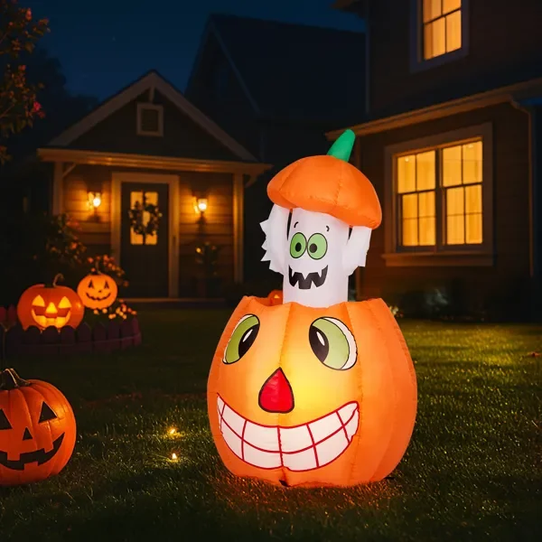 2.8 Ft Halloween Inflatables Animated Pumpkin Ghost, Outdoor Decorations Blow Up Yard Decor with Built-in Leds for Indoor Party Garden Lawn Decor