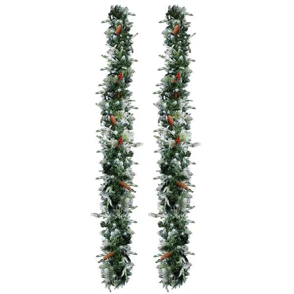 2 Pack 9ft Pre-lit Snow Flocked Christmas Garland, Lighted Artificial Xmas Garland with 200 Warm Lights and 440 Tips and Red Berries, for Front Door Gate Wall Xmas Party Decorations, Snowy Green