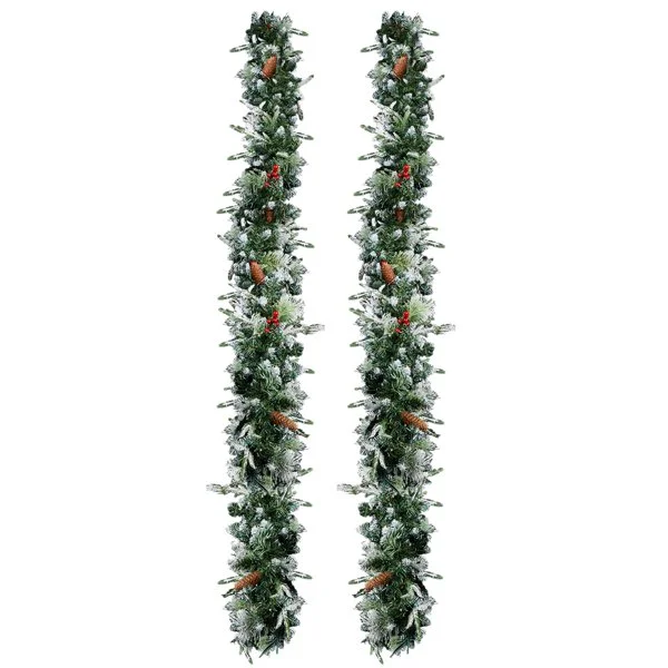 2 Pack 9ft Pre-lit Snow Flocked Christmas Garland, Lighted Artificial Xmas Garland with 200 Warm Lights and 440 Tips and Red Berries, for Front Door Gate Wall Xmas Party Decorations, Snowy Green