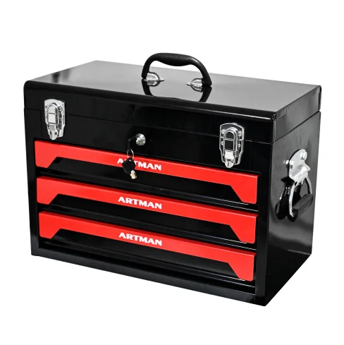 20‑inch portable 3‑drawer steel toolbox with black and red powder‑coat and metal latch