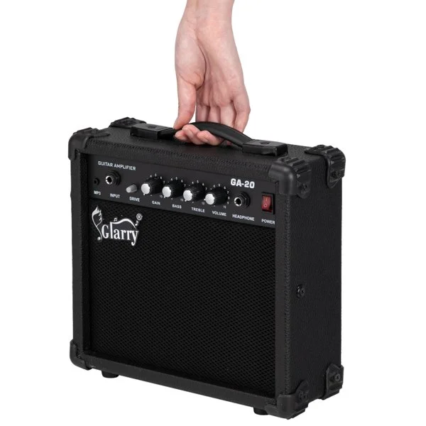 20W Portable Electric Guitar Speaker – Black Wood‑Based Panel Amplifier with Volume, Treble, Bass, Mid Controls