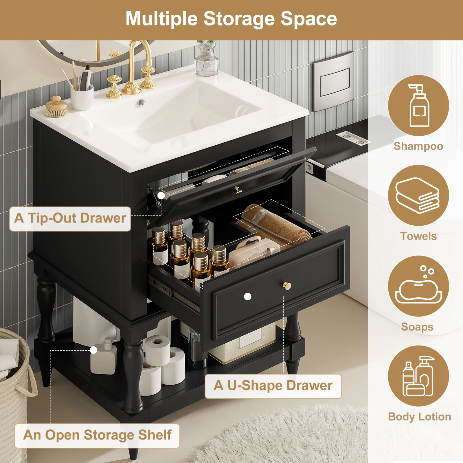 24'' Bathroom Vanity with Ceramic Sink, Bathroom Storage Cabinet with Open Shelf, Retro Design Bathroom Cabinet with 2 Drawers