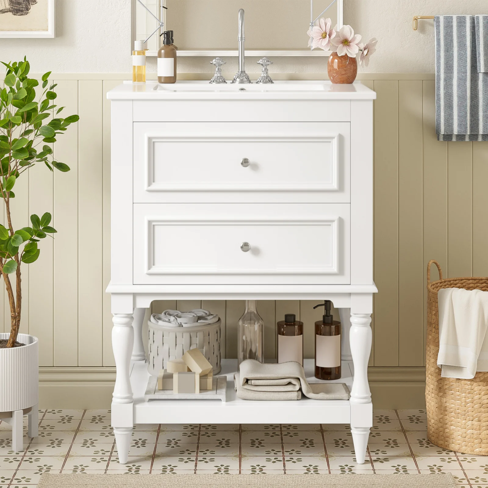 24'' Bathroom Vanity with Ceramic Sink, Bathroom Storage Cabinet with Open Shelf , Retro Design Bathroom Cabinet with 2 Drawers