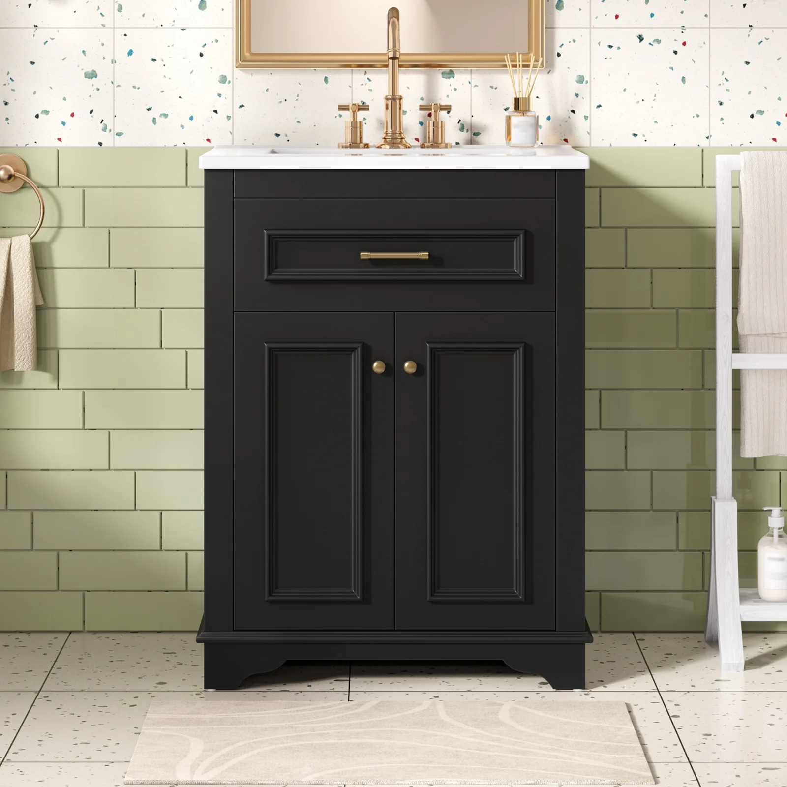 24 Bathroom Vanity with Integrated Ceramic Sink, Bathroom Cabinet with 2 Doors, 1 Tip-out Drawer, Single Sink Bathroom Vanity for Small and Medium Restroom, Black