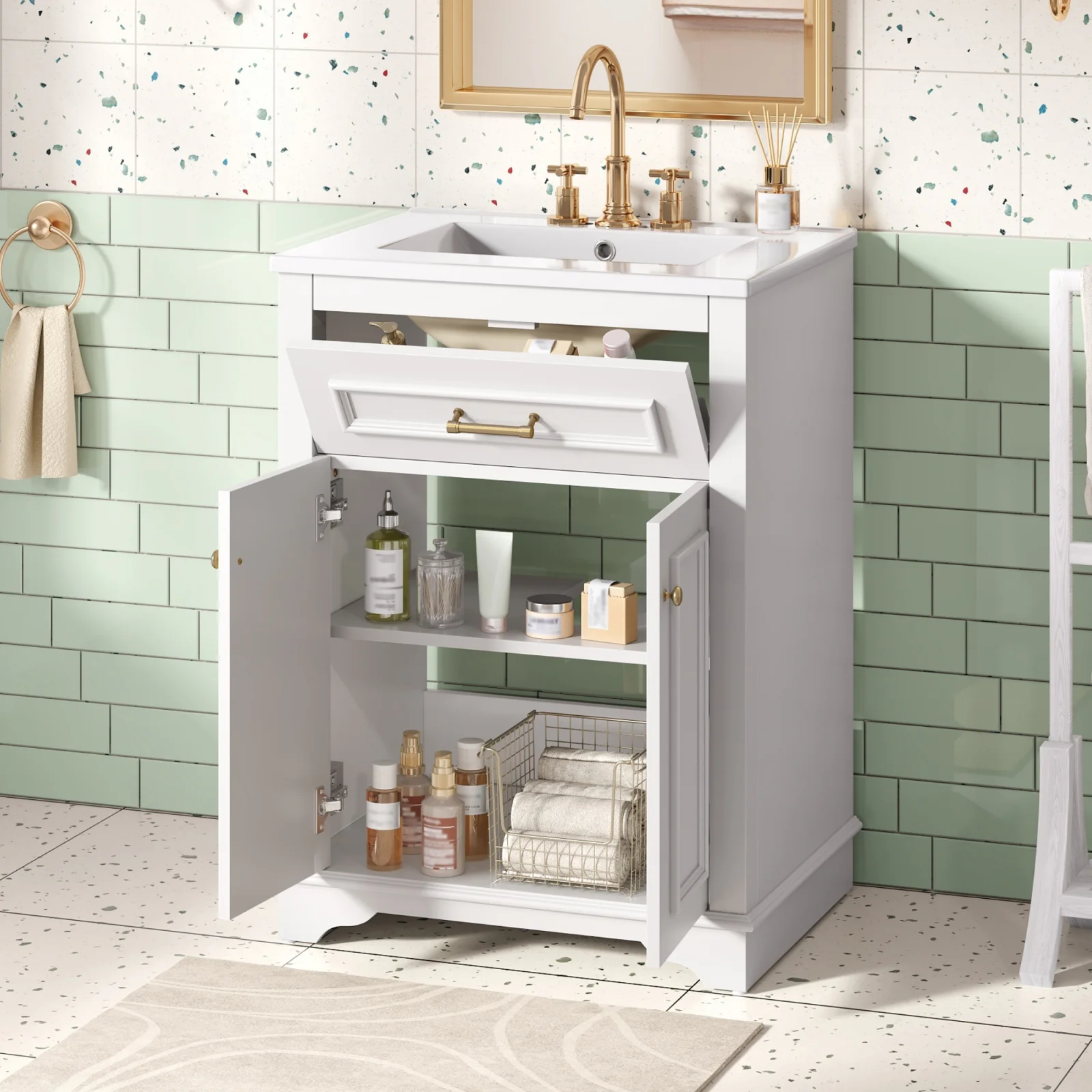 24 Bathroom Vanity with Integrated Ceramic Sink, Bathroom Cabinet with 2 Doors, 1 Tip-out Drawer, Single Sink Bathroom Vanity for Small and Medium Restroom, White