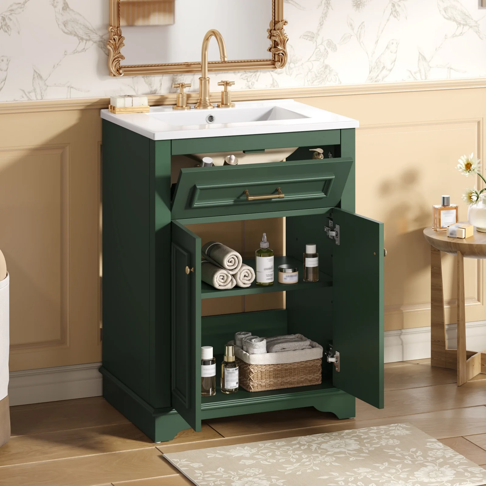 24 Bathroom Vanity with Integrated Ceramic Sink, Bathroom Cabinet with 2 Doors, 1 Tip-out Drawer, Single Sink Bathroom Vanity for Small and Medium Restroom, Green