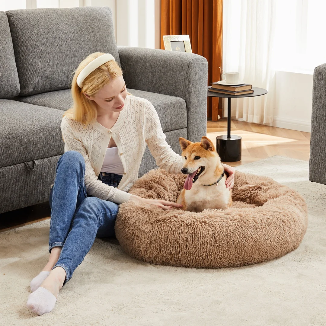 24 Inch Anti-slip Round Fluffy Plush Faux Fur Cat Bed, Fits Up to 25 Lbs Pets