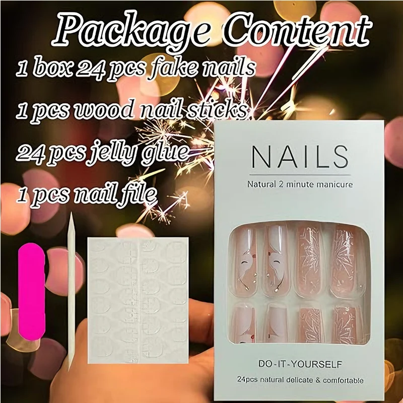 24 PCS Diamond Deer Snowflake Press-On Nails, Long Square Head False Nails with Water Pipe Design