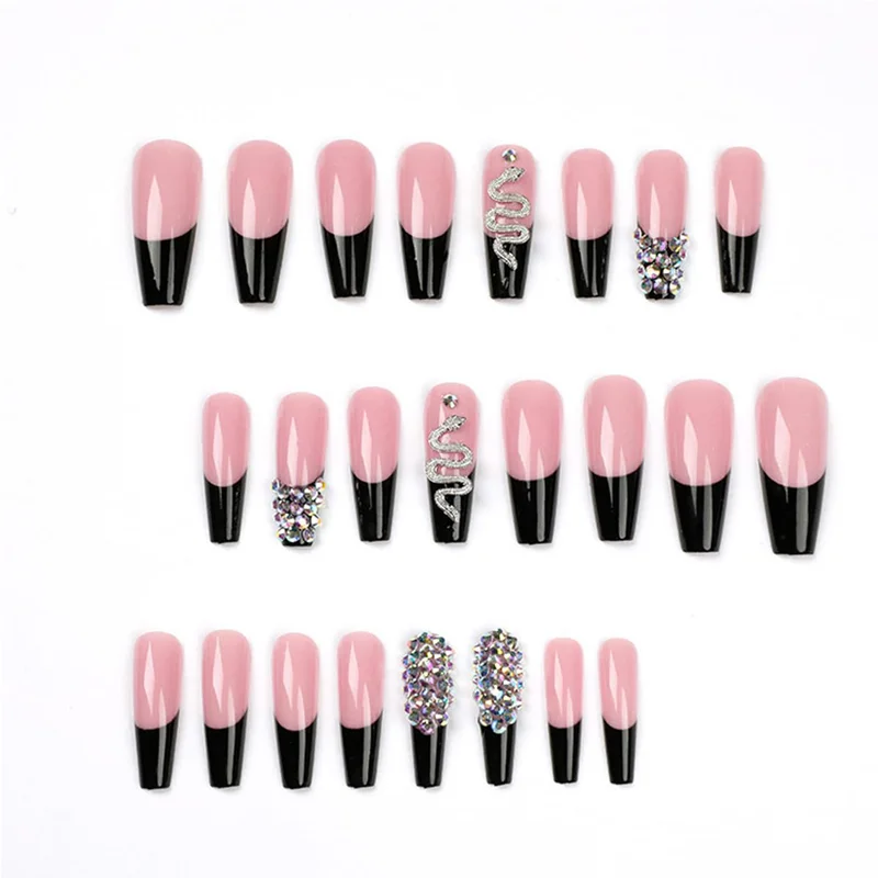 24 PCS Diamond Snake Press On Nails, Long Water Pipe Square Head False Nail Tips