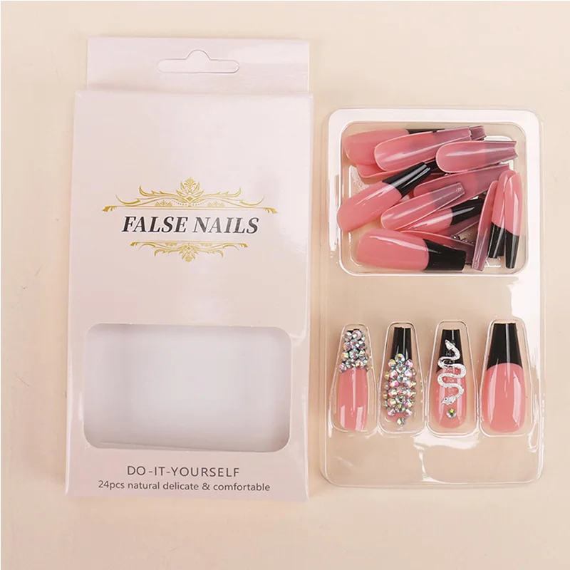 24 PCS Diamond Snake Press On Nails, Long Water Pipe Square Head False Nail Tips