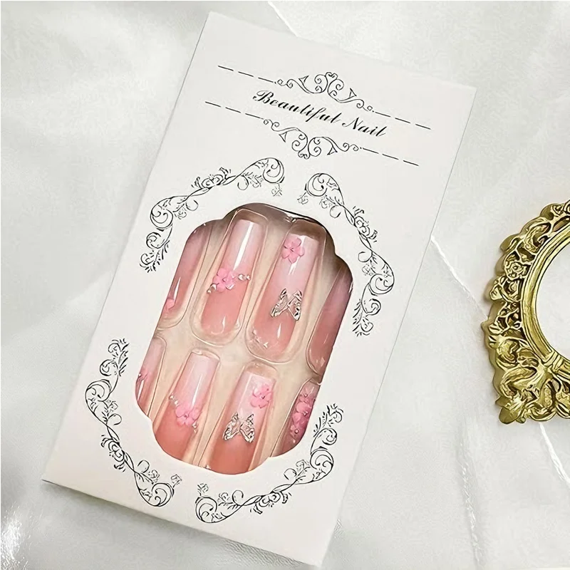 24PCS Flower Butterfly Diamond Press On Nails - Square Tip False Nail Art