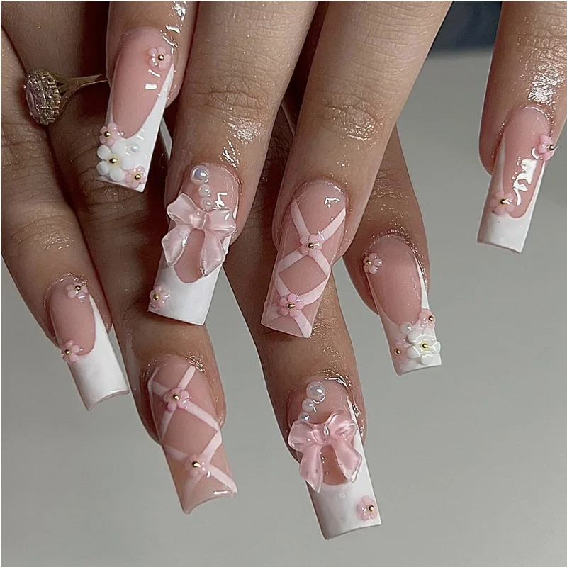 24 PCS Planet Diamond Star Press-On Nails, Square Head Long Water Pipe Shape False Nail Tips