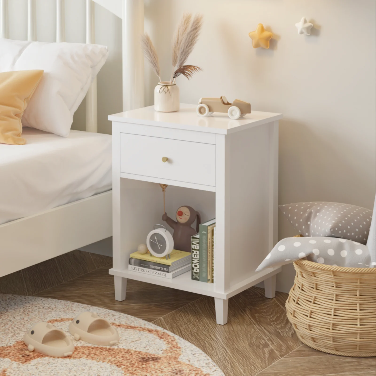 26.77h Wooden Nightstand with One Drawer One Shelf for Kids, Adults, White-golden Handle