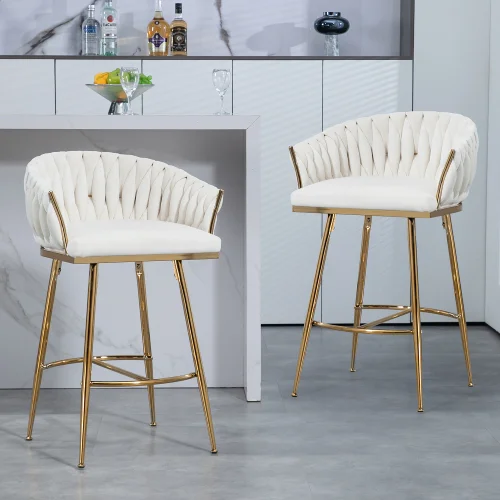 26 Counter Height Bar Stools Velvet Kitchen Island Counter Bar Stool with Hand- Wave Back,golden Chromed Base and Footrest