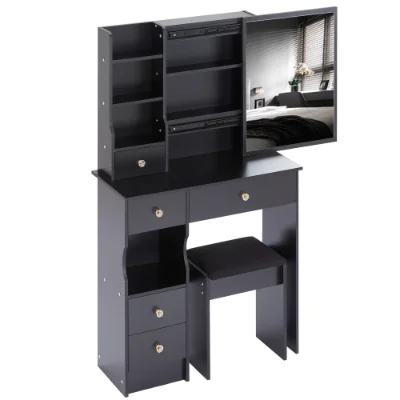 29.2 Small Space Left Drawer Desktop Vanity Table Cushioned Stool, Extra Large Right Sliding Mirror, Multi Layer High Capacity Storage, Practical Fashionable Dresser, Suitable for Small Space