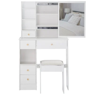 29.2 Small Space Left Drawer Desktop Vanity Table Cushioned Stool, Extra Large Right Sliding Mirror, Multi Layer High Capacity Storage, Practical Fashionable Dresser, Suitable for Small Space
