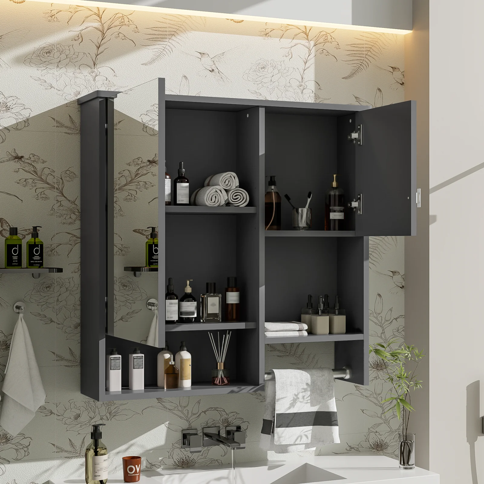 29'' X 28'' Modern Wall Mounted Bathroom Medicine Cabinet, Bathroom Wall Storage Cabinet with Mirror, Over the Toilet Space Saver Cabinet with Towels Bar