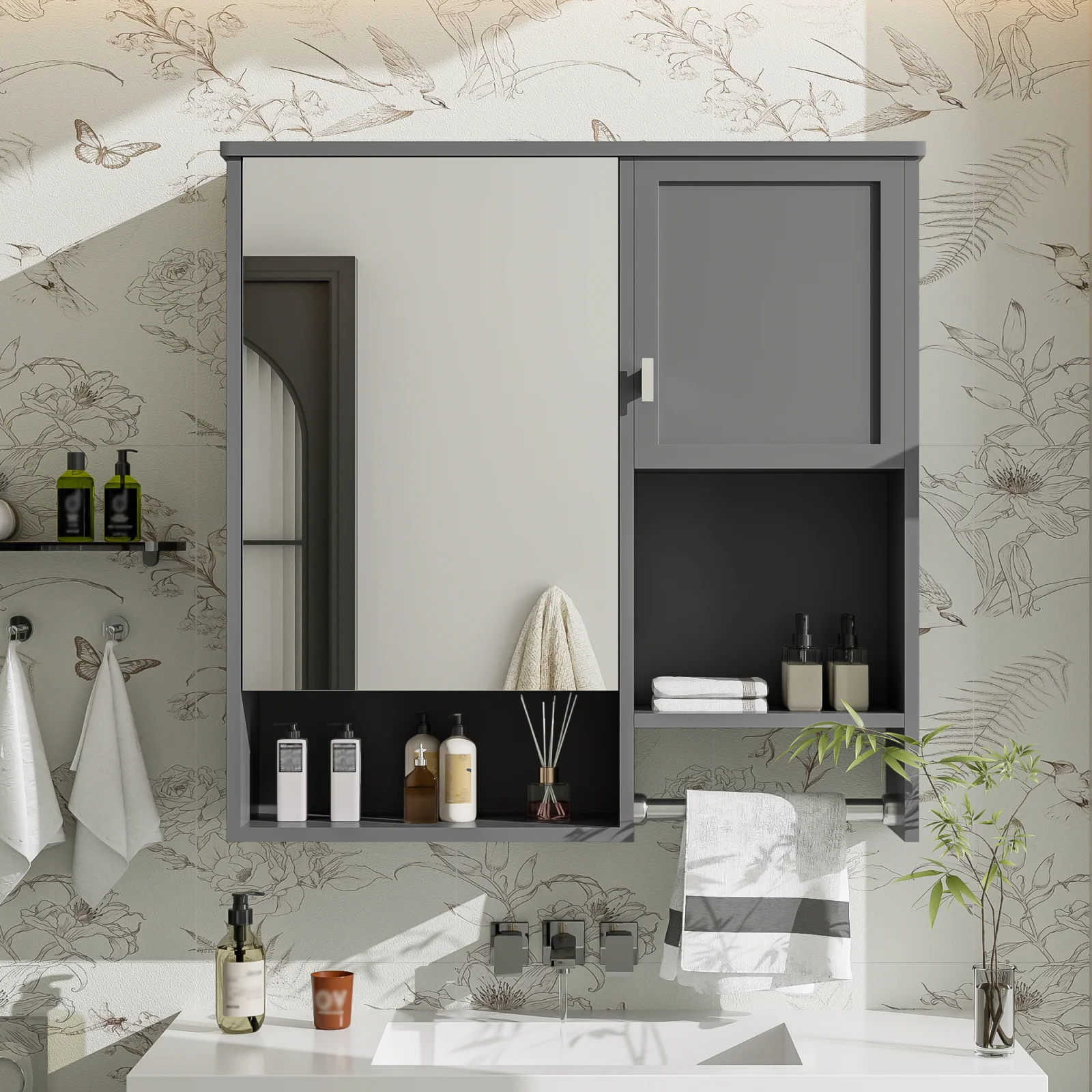29'' X 28'' Modern Wall Mounted Bathroom Medicine Cabinet, Bathroom Wall Storage Cabinet with Mirror, Over the Toilet Space Saver Cabinet with Towels Bar