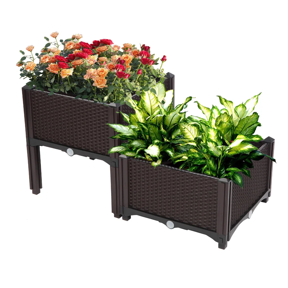 Brown rattan‑pattern free splicing planter box, 2‑pack, lightweight garden planter