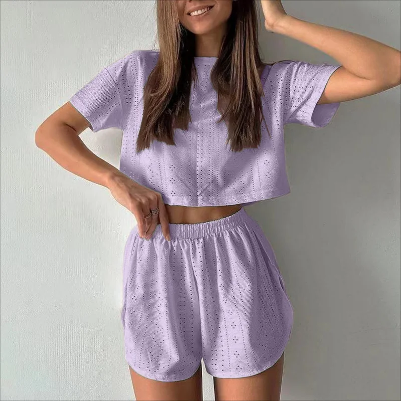 2pcs Casual Hollow Suit with Short-sleeved Crop Top and Elastic Slit Shorts Summer Fashion Sport Clothing for Women