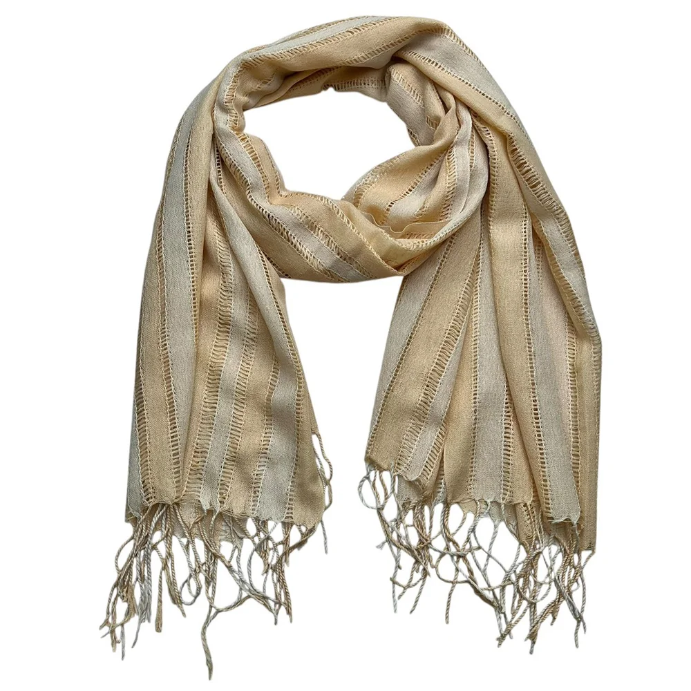Khaki yarn‑dyed long scarf with tassel trim – soft polyester for men and women