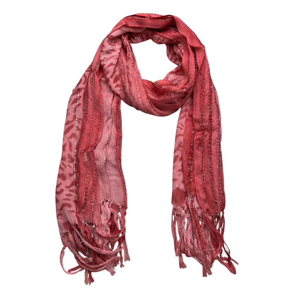Pink leopard print boho scarf with metallic threads, long 67×24 inch accessory