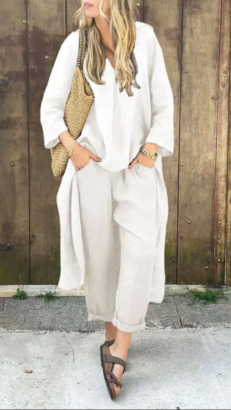 2pcs Long-sleeved Suits Loose V-neck Long Top and High Waist Wide Leg Pants with Pockets Women's Clothing